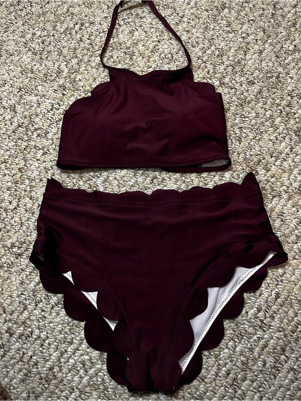 Scalloped High Neck Bikini Set Burgundy Maroon High Waisted Size L - Picture 13 of 16